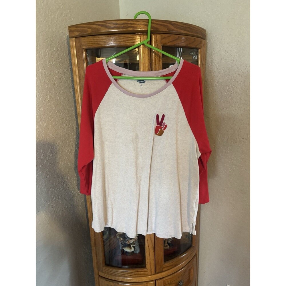 Old Navy EveryWear 2X Plus Raglan Baseball Tee Pink White Peace Sign Top